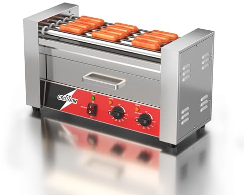 CROSSON Maquina Perritos Calientes 7 Rollos con Calentador de pan,Hot Dog Maquina Comercial de Acero Inoxidable con Control de Temperatura,1050W