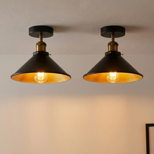 LEDSone Black Gold Metal Cone Ceiling Light 22cm 2 Pack with Bulb Included | E27 vintage industrial close to ceiling lamp with ceiling rose for living room bedroom hallway kitchen