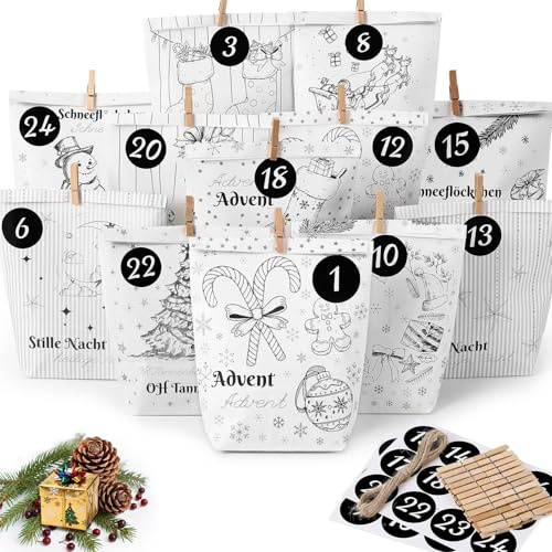 HAUSPROFI Adventskalender zum Befüllen mit 12 Designs - 24 Papiertüten zum Selber Basteln - DIY Weihnachtskalender Set inkl. Zahlen-Sticker, Holzklammern & Schnur