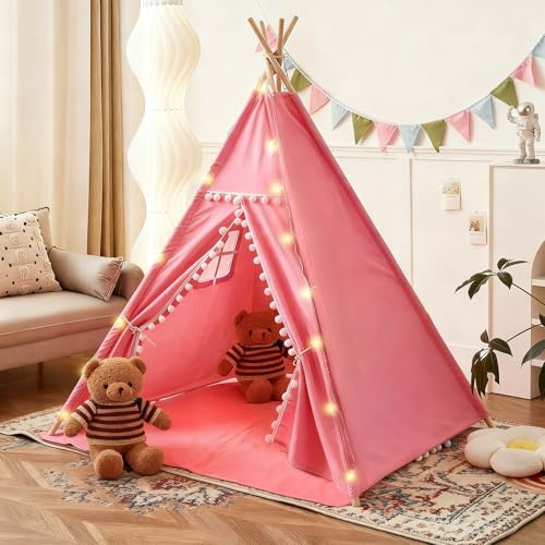 Tipi Zelt für Kinder Indoor 120x140cm Set mit Bodenmatte Kinderzelt Lichterkette Holz Tasche, Waschbar Kinderzelt für Drinnen, Tipi Zelt Kinderzimmer für Mädchen & Jungen
