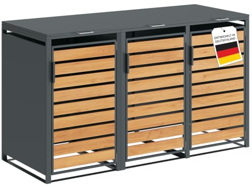 STEELSØN Kestra Mülltonnenbox 3er bis 240L, Anthrazit, Holzoptik, Stahl | Mülltonnenverkleidung mit Sichtstreifen, hochwertiger Müllcontainer für 3 Tonnen, Müllbox, Gerätebox, wetterfest, Outdoor