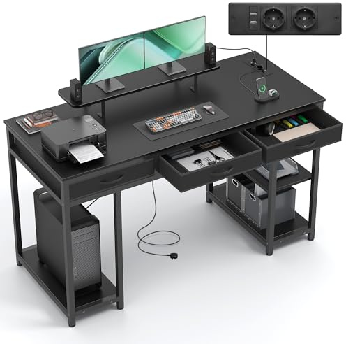 Claiks Computertisch mit 3 Schubladen, 140 x 60 cm Schreibtisch mit Regal, Tisch mit 2 Steckdosen und 2 USB-Ladeanschlüsse, Bürotisch PC-Tisch für Home Office, Wohnzimmer, Schwarz