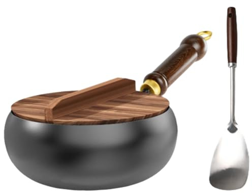 Padella in ferro non rivestita, forgiata a mano, 24 cm/26cm,pentola in ferro con coperchio in legno e spatola per friggere ad alta temperatura, stufare, bollire