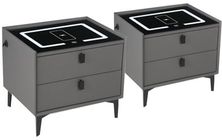 Oyajia Smart Nachttisch 2er Set mit Funktion, des Mobiltelefons kabelloses Aufladen, Nachttisch mit LED-Licht, 2 Schubladen Bettschrank, Kommode, Wohnzimmer, Schlafzimmermöbel (Schwarz Grau)