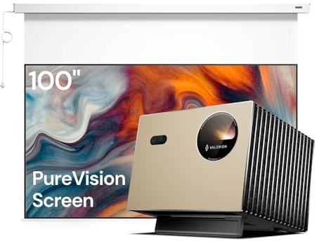 Home Theater Bundle: Valerion Pro 4K Triple Laser Projector with 100 Motorized PureVision Screen – Laser Speckle Reduction