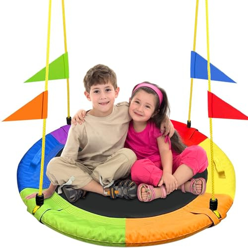 GVDV 40 Saucer Tree Swing, 750Lb Heavy Duty Capacity with Adjustable Hanging Straps, Multi-Strand Ropes & 360° Swivel, Indoor Outdoor Kids Swing for Backyard, Playground & Camping Gift