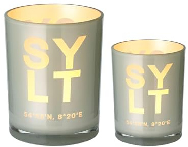 EDZARD Uppsättning av 2 värmeljusglas Sylt (H 8/12,5 cm, Ø 7/9 cm) i grått | Lyktljus med sylt-koordinater – dekorativ presentidé för sylt-älskare