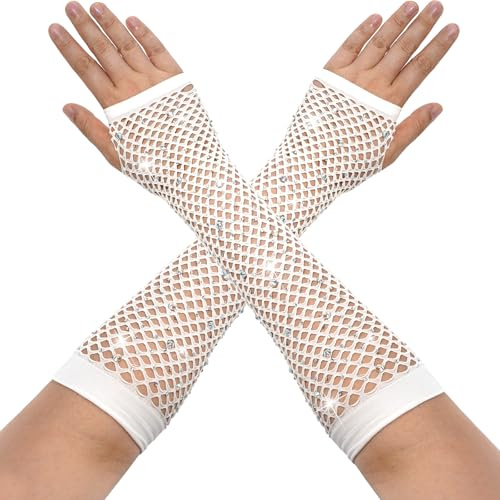 MESU Women Fishnet Rhinestone Fingerless Gloves Sparkly Mesh Gloves