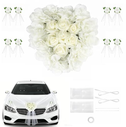 Premium bilsmycken bröllop motorhuv, bil motorhuv bröllopssmycken set med 1 x hjärtgirlang, 8 x dörrhandtagsblomma, 2 x 1,8 m tyll etc. för Just Married, Bridal Shower, bröllop ceremoni