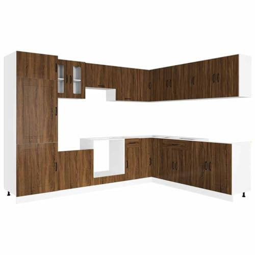 Todiikf 14-TLG Küchenschrank Set Kalmar Braun Eiche Holz 283 kg Eckküche mit Spüle + Hängeschränken platzsparend