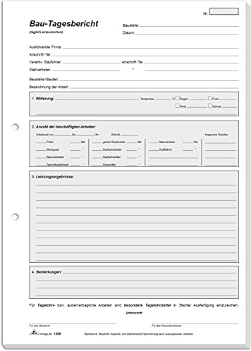 RNKVERLAG 1309 - Bau Tagesbericht, Block mit 3 x 40 Blatt, selbstdurchschreibend, DIN A4