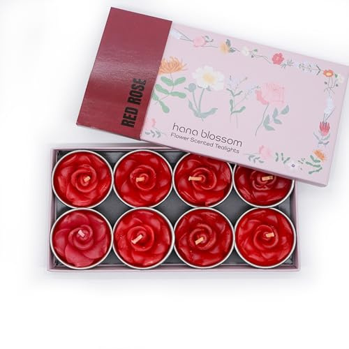 8 bougies chauffe-plat parfumées à la main en forme de rose rouge dans une jolie boîte cadeau avec motif botanique bleu.
