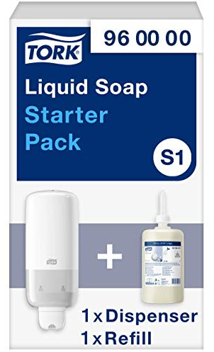 Tork Liquid and Spray Skincare Wall Mounted Dispenser Starter Pack White S1/S11, Economical, Dispenser and 1 x 1000ml Mild Liquid Soap Refill, 960000