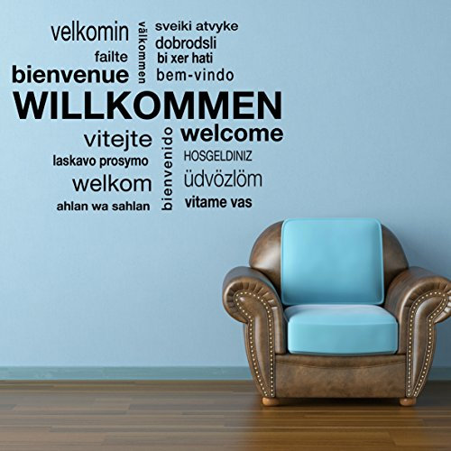 HERZLICH WILLKOMMEN Wandtattoo Sticker Aufkleber Wandaufkleber wiederablösbar (100cm (B) x 70cm (H), Schwarz)