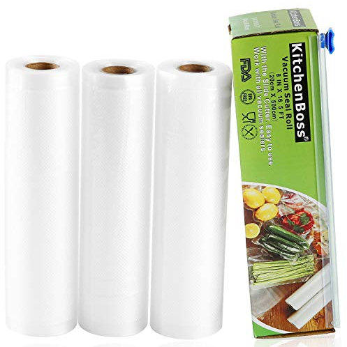KitchenBoss Lot de 3 rouleaux d'emballage sous vide avec boîte de découpe, 20 x 500 cm, sacs d'emballage sous vide pour le stockage des aliments et sous vide, sans BPA