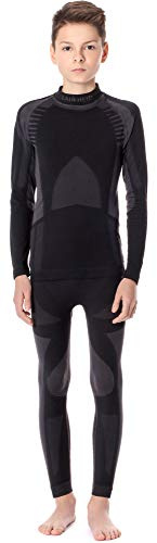 Ladeheid Kinder Mädchen Jungen Funktionsunterwäsche Set Langarm Shirt Lange Unterhose Thermoaktiv LASS0006 (Schwarz/Silber, 122-128)