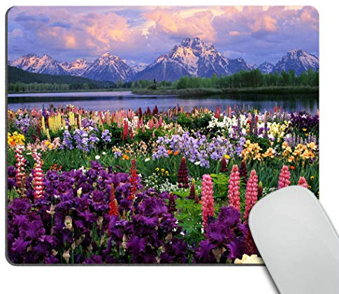 Wasach Tapis de souris personnalisé avec de belles fleurs, montagne, ciel et eau en tissu respectueux de l'environnement avec caoutchouc néoprène