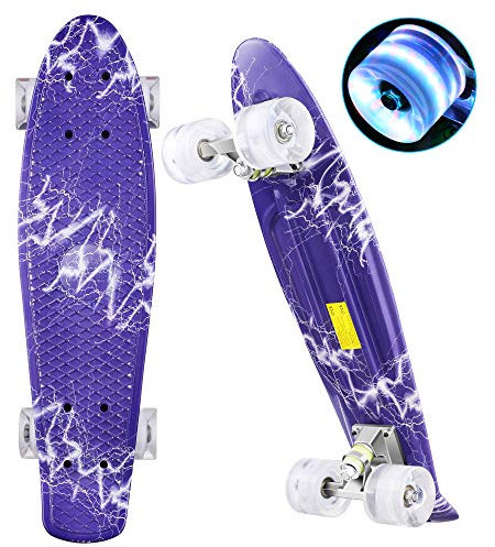 WeSkate Mini Cruiser Skateboard Retro Komplettboard 22 55cm Vintage Skate Board mit Kunststoff Deck und blinkenden Ywhb-12 Purple Einheitsgröße
