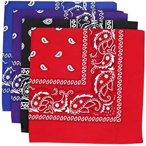 KAV Pack of 4 Multi-Purpose Bandanas - Cycling Headband, Face Mask, Neckerchief, Handkerchief for Men & Women - Hip-Hop, Sports - Black, Purple, Blue, Red