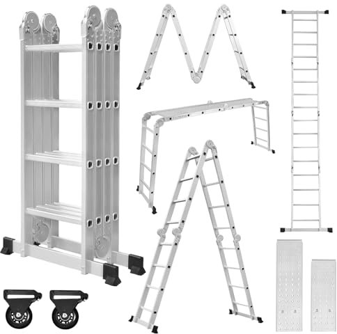Aufun Mehrzweckleiter 7 in 1 Multifunktionsleiter Leitergerüst Leiter, 2 Gerüstplatten und 2 Bodentraversen,16 Stufen, 4,7m Gesamtlänge, bis 150 kg