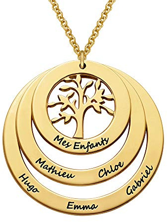 MYKA - Collana Personalizzata Famiglia con Cerchi e Albero della Vita in Argento 925 - Incisa con Nomi - Fatto su Misura Gioielleria - Regalo per Mamma o Nonna