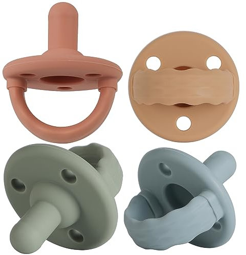 Soother 4 Pack, Cherry Shaped Nipple, Food Grade Silicone Newborn Up Dummy Pacifier with Handle & 3 Holes for Added Safety (Sage+Ether+Muted+Apricot)