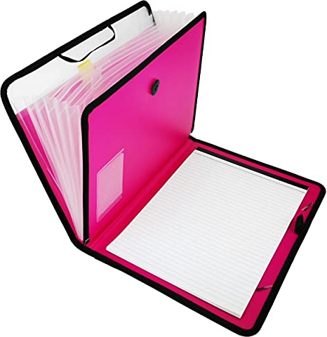 D.RECT Aktentasche Notizbuch im Set, Fächermappe Ordnungsmappe, Aktenordner Dokumentenmappen, runder Gu mmizug mit Verschlussknopf, Rose, 7 Fächer, A4
