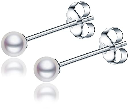 LUCKMORA Small Pearl Earrings for Women 925 Sterling Silver Genuine 3mm Tiny Pearl Studs Earrings for 2nd hole Mini Freshwater Cultured White Real Round Pearls (1 Pair)