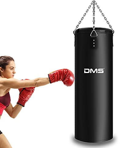 DMS® Boxsack gefüllt 25 kg 105cm mit Halterung Sandsack Stahlkette Box Sack für Kampfsportarten Kickboxen Boxtraining Jugendlichen und Erwachsenen 105 x 28cm Schwarz 4-Punkt-Kettenaufhängung BOS-25