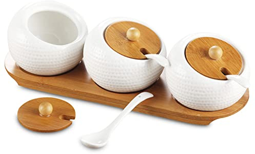 Keramik Gewürzgläser Set, 3 Stk Zuckerdose Gewürzdosen mit Bambus Deckel, Löffel und TablettSet, 170 ML Gewürzbehälter Aufbewahrungsdose für Kaffee, Zucker, Salz, Gewürze.