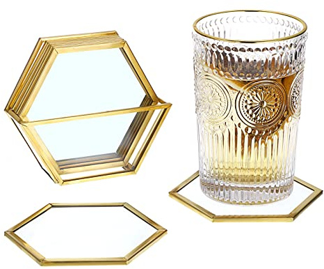 SUMTree Gold Glass Drink Coasters with Holder, 7Pcs Cup Pad Mats, Hexagon | Gold Coasters for Coffee Beer Tea Wine, Washable Cup Mats, Glass Cup Coaster, Table Decor Drink Mats Decorative Drink Coaster