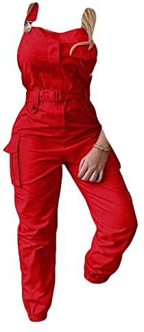 ORANDESIGNE Salopette Cargo da Donna Tute Cargo Casual Senza Maniche Pagliaccetto con Bretelle Pantaloni con Cintura e Tasca Pantaloni Eleganti a Matita Tuta Ampia A Rosso XS