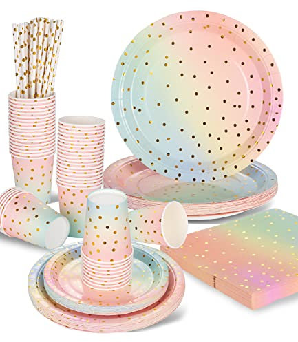 Vaisselle Jetable Anniversaire Pastel, 125 Pièces Vaisselle Jetable Decoration Anniversaire Set Comprendre Assiettes en Papier, Serviettes, Paille, Tasses pour Douche Nuptiale, Fiançailles, Mariage