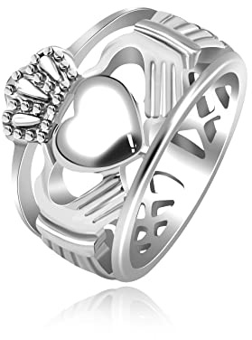 Uloveido Anello Claddagh irlandese placcato in oro bianco con cuore a mano dell'amicizia con corona di amore per donna uomo Y1729, T1/2 (62.1mm), Acciaio inossidabile, Nessuna pietra preziosa