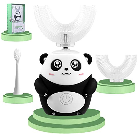 KAQINWX Kids U Shaped Electric Toothbrush for Age 2-12, Rechargeable Toddler Toothbrush with 60S Smart Timer, Panda Design, IPX7 Waterproof & 360°Cleaning,Develop Kids' Brushing Habits
