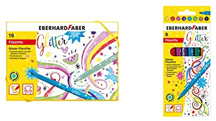 Eberhard Faber 551016 - Glitzer Filzstifte in 16 leuchtenden Farben, Minenstärke 3 mm, auswaschbar, in Hartkartonage & 551008 - Glitzer Filzstifte in 8 leuchtenden Farben, Minenstärke 3 mm