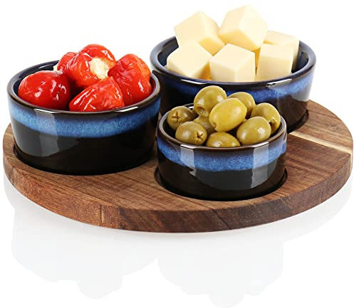 com-four® Juego de servir de 4 piezas - juego de tazones con tabla de madera para servir tapas, mezze o antipasti - 3 tazones en 3 tamaños con bandeja para servir de madera de acacia (4 piezas azul)
