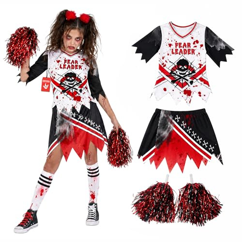 Morph Cheerleader Kostüm Mädchen, Gruseliges Halloween Kostüm Kinder | Oberteil, Rock & Pompons, Blutspritzer-Design, Zum Überziehen, Perfekt für Halloween, Ideal für Rollenspiele