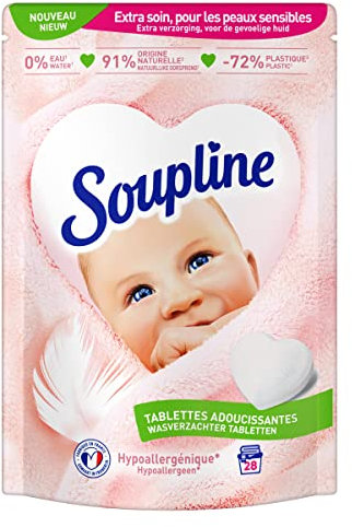 SOUPLINE Tablettes Adoucissantes Coeur Hypoallergénique*, Parfume le Linge de Maison, Testé dermatologiquement, Soupline Adoucissant Linge, Assouplissant Coeur 28 Tablettes = 28 Lavages