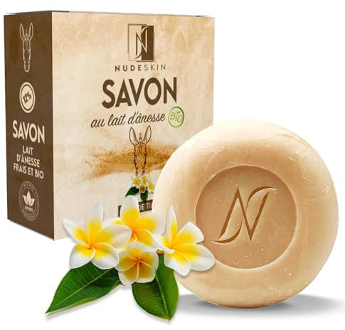 Nude Skin® - Savon au Lait d'Anesse 100 gr Fleur de Tiaré | Visage et Corps | Tous types de peaux, sensibles | Idéal contre acné, eczéma, psoriasis | Fabrication Artisanale en France