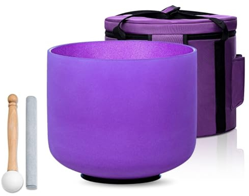 SOUNDELLO Purple B Note Crown Chakra 8 inch Quartz Crystal Singing Bowl, for Healing Mindfulness Meditation Yoga Sound Baths, with Case Rubber Mallet