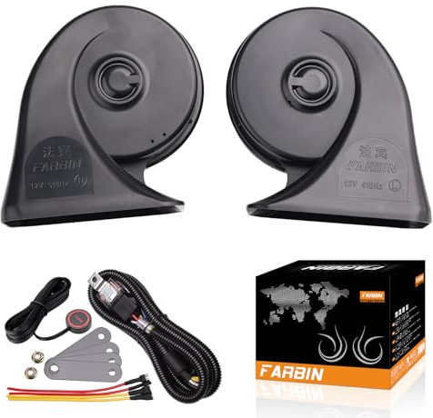 FARBIN Auto Horn Kit mit Knopf Wasserdichte Auto Hupe 12v Super Loud Zug Horns Elektrische Schnecke Horn Luft Horns LKW Hupe Universal für Car Motorrad LKW Boot（Boutique Horn mit Kabelbaum und Knopf）