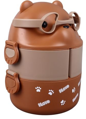 Wifehelper Fiambrera Bento Portátil, Contenedores de 2 Capas para la Escuela, el Trabajo, Acampar, Forma de Oso, Excelente Aislamiento Térmico, Multiusos (Color café)