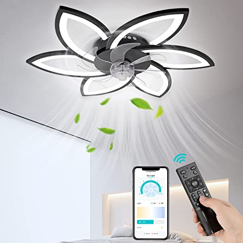 LED Deckenventilator mit Beleuchtung, Kleiner 78 cm moderner, flacher Deckenventilator in Blumenform, dimmbares LED-Licht, Unterputz-Deckenventilator für Schlafzimmer, Wohnung, Innenbereich