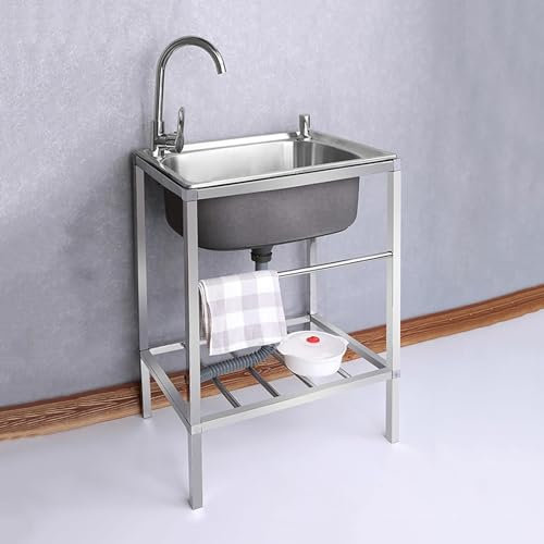 Lavello Cucin in Acciaio Inox Autoportante Lavello da cucina commerciale del ristorante, con rubinetto e gocciolatoio, Stazione di lavanderia esterna per il lavaggio, per lavanderia/cortile/garage (S