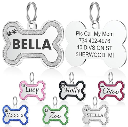 Hundemarke mit Gravur - YEHANTI Personalisierte Anhänger für kleine bis mittelgroße Hunde in Glitzerknochen - Edelstahl Hundemarke Personalisiert mit Name, Telefonnummer und Adresse (Grau, Große)