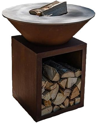 Grill'Chic - PACK PRIMAVERA - Brasero Barbecue con mobile porta-legna Le Classique Ø 100 cm, in acciaio corten - Griglia di Cottura - Stop-food - Ruote - Telo di Protezione - 100% Made in France