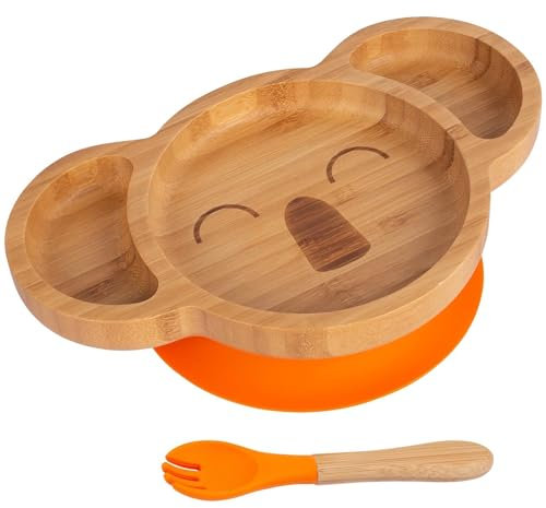 Tiny Dining 2pc Orange Bambus-Koala-Baby-Entwöhnungsteller & Gabelsatz - Hölzern Geteilt Kleinkind Kinder Essen Fütterung Tablett - Silikon Saugnapf