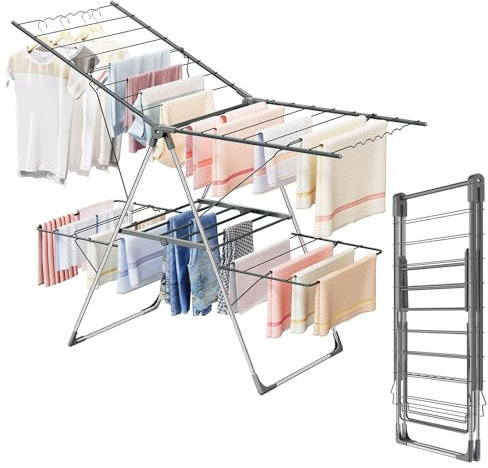 Innotic Étendoir Linge Intérieur Extérieur, Séchoir à Linge Pliable à 2 Niveaux, 4 Ailes Réglables en Hauteur, 3 Secondes Déplier ou Plier, Acier Inoxydable Tancarville XXL, 33 Rails, Gris