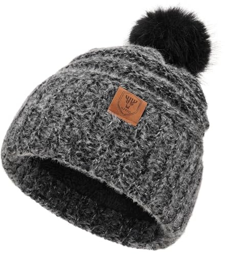 OZERO Damen Wintermütze Haube Strickmütze: Bommelmütze Thermo Fleece Gefütterte Beanie Mütze Wollmützen Mit Kunstfell Pudelmütze Winterkappe (Schwarz)